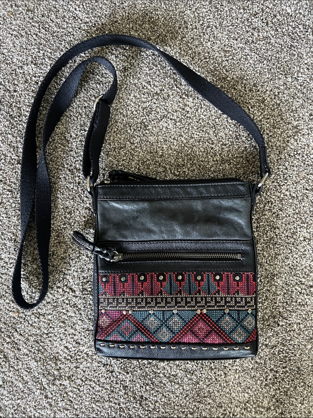 The Sak Black Crossbody Bag with Pink & Teal Embroidered Accent